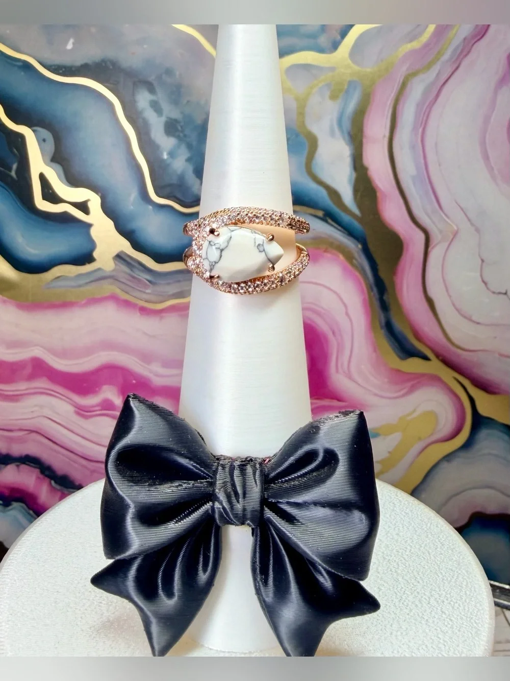 Bomb Party Ring “Electric Icon” - Howlite on Rose Gold, Size 7 RG48270